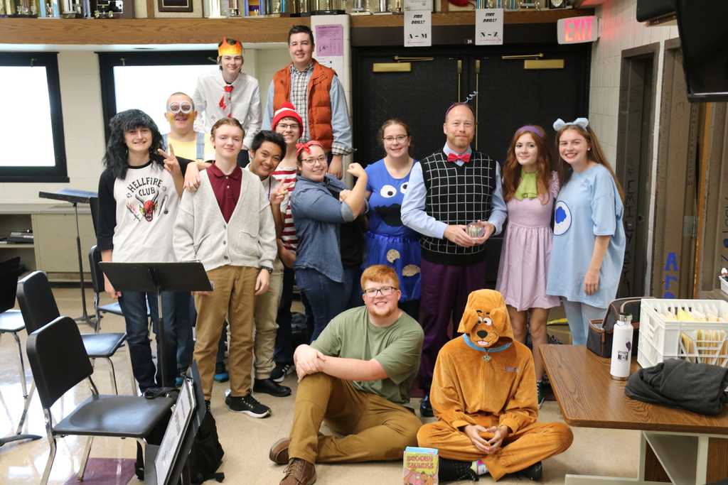 students and staff dressed up for character day