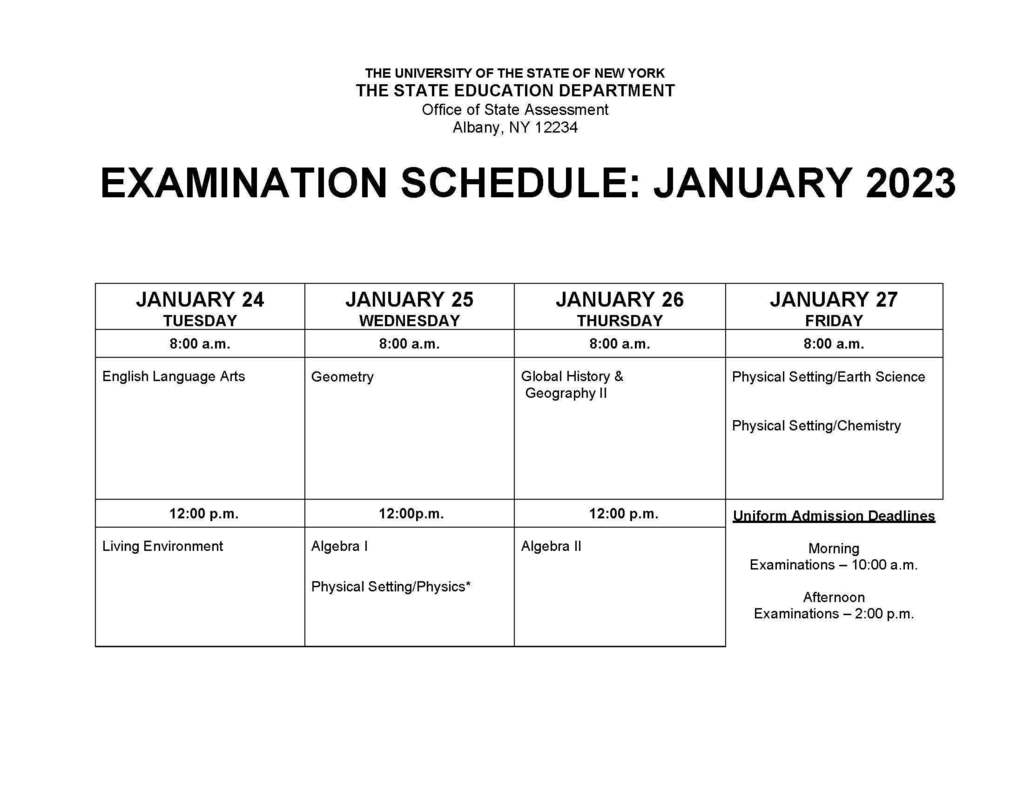 January Regents schedule