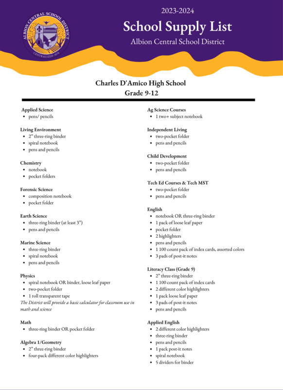 High School 20-21 School Supply Lists  Ichabod Crane Central School  District